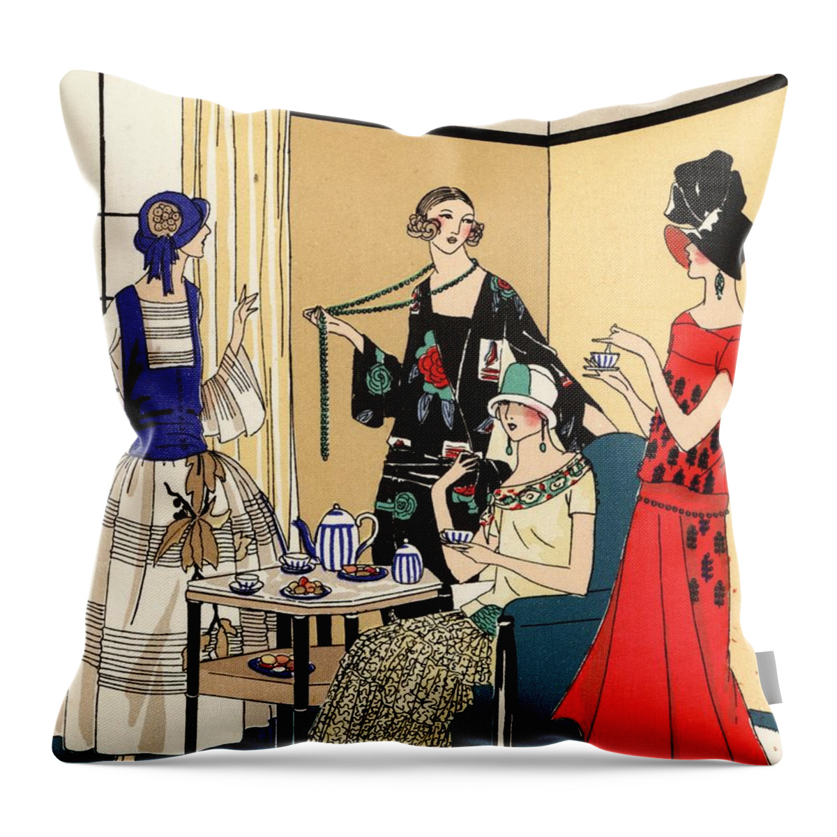 Afternoon Tea Throw Pillow featuring the drawing Women at fashionable afternoon tea party. by Album