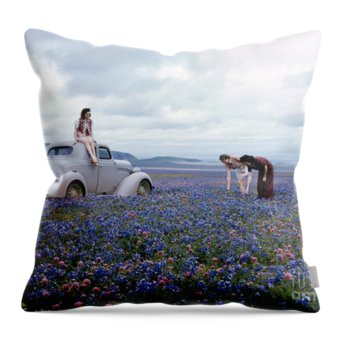 Vintage Throw Pillow featuring the photograph Women Picking Daisies In Meadow With 1930s Vehicle by Retrographs