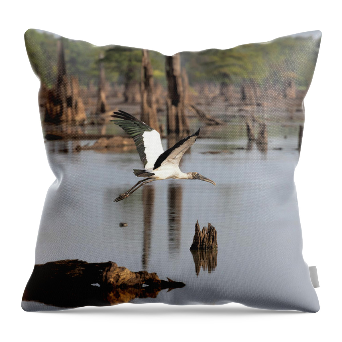 Wood Stork Throw Pillow featuring the photograph Wood Stork in Flight by Susan Rissi Tregoning