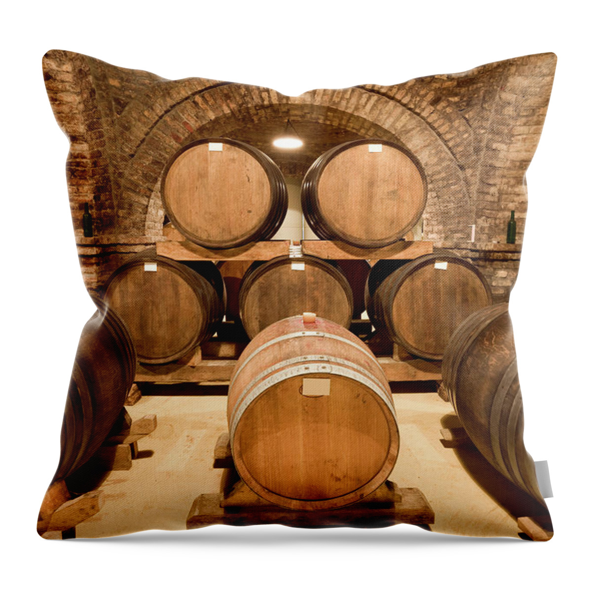 Arch Throw Pillow featuring the photograph Wooden Barrels In Wine Cellar by Benedek