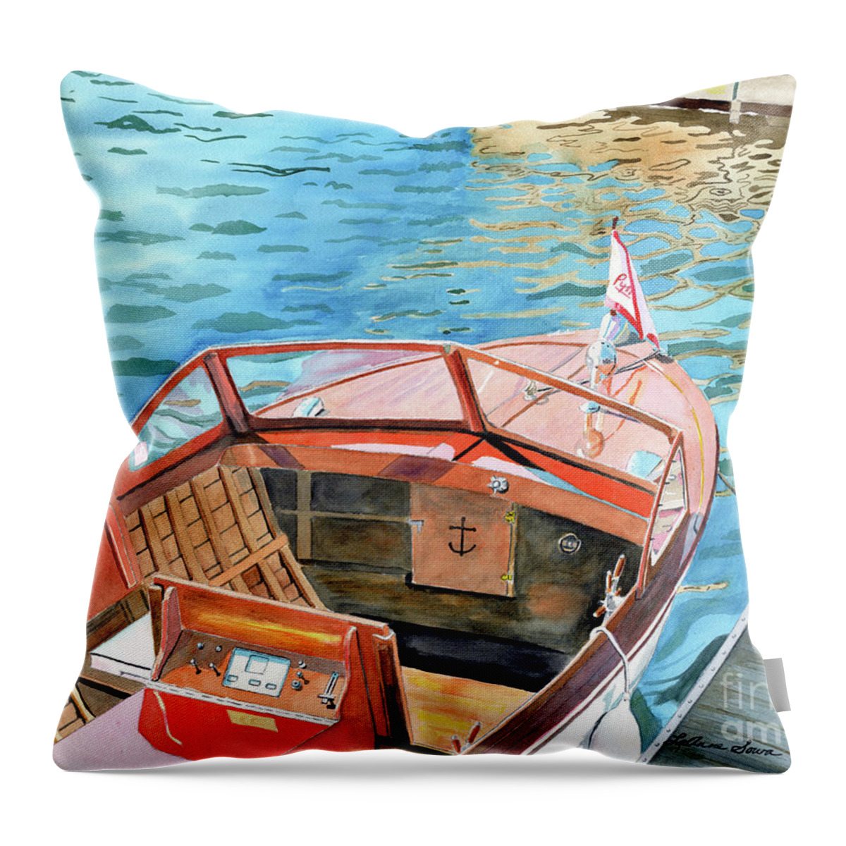 Boats Throw Pillow featuring the painting Wooden Boat Ripples, Pentwater, Michigan, Boating, Lake Michigan by LeAnne Sowa