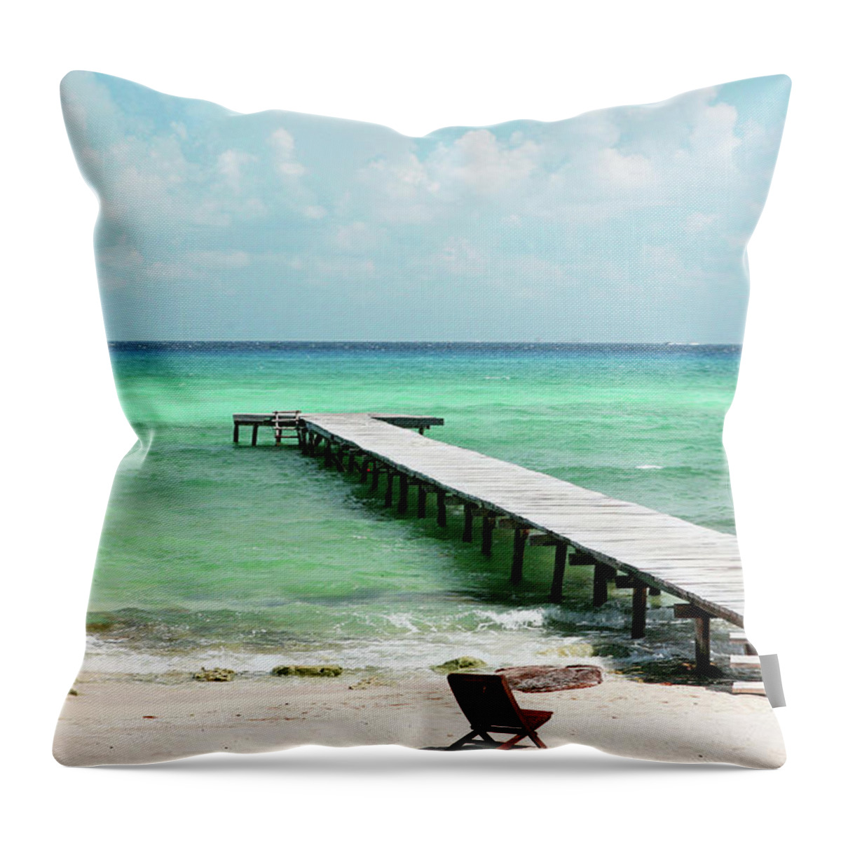 Estock Throw Pillow featuring the digital art Wooden Dock, Playa Del Carmen, Mexico by Joanne Montenegro