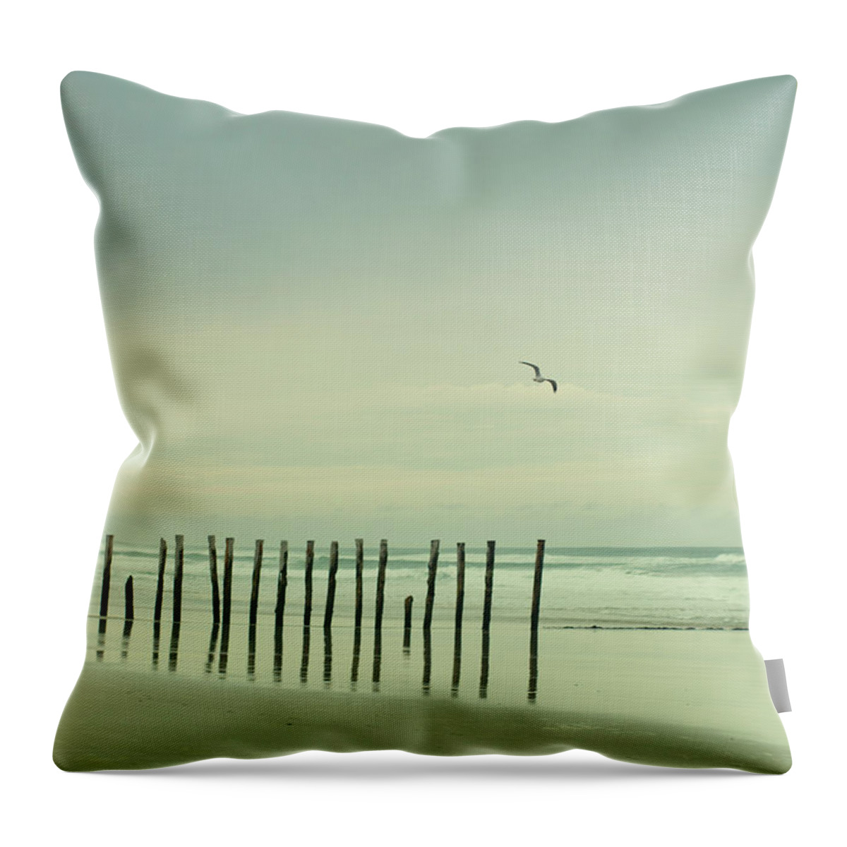 Wooden Post Throw Pillow featuring the photograph Wooden Pier Piles On Beach by Jill Ferry Photography