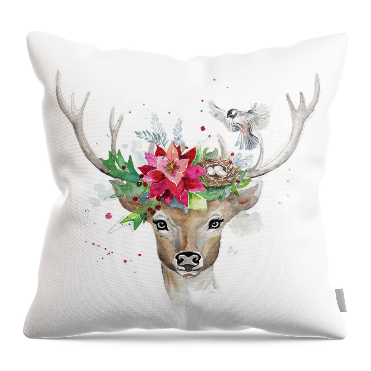 Woodland Throw Pillow featuring the painting Woodland Deer With Bird by Patricia Pinto