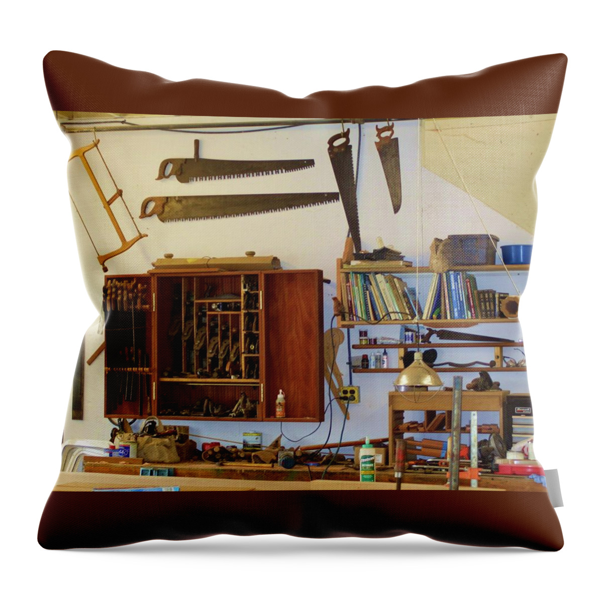 Wood Throw Pillow featuring the photograph Woodwork shop tools by Fred Bailey