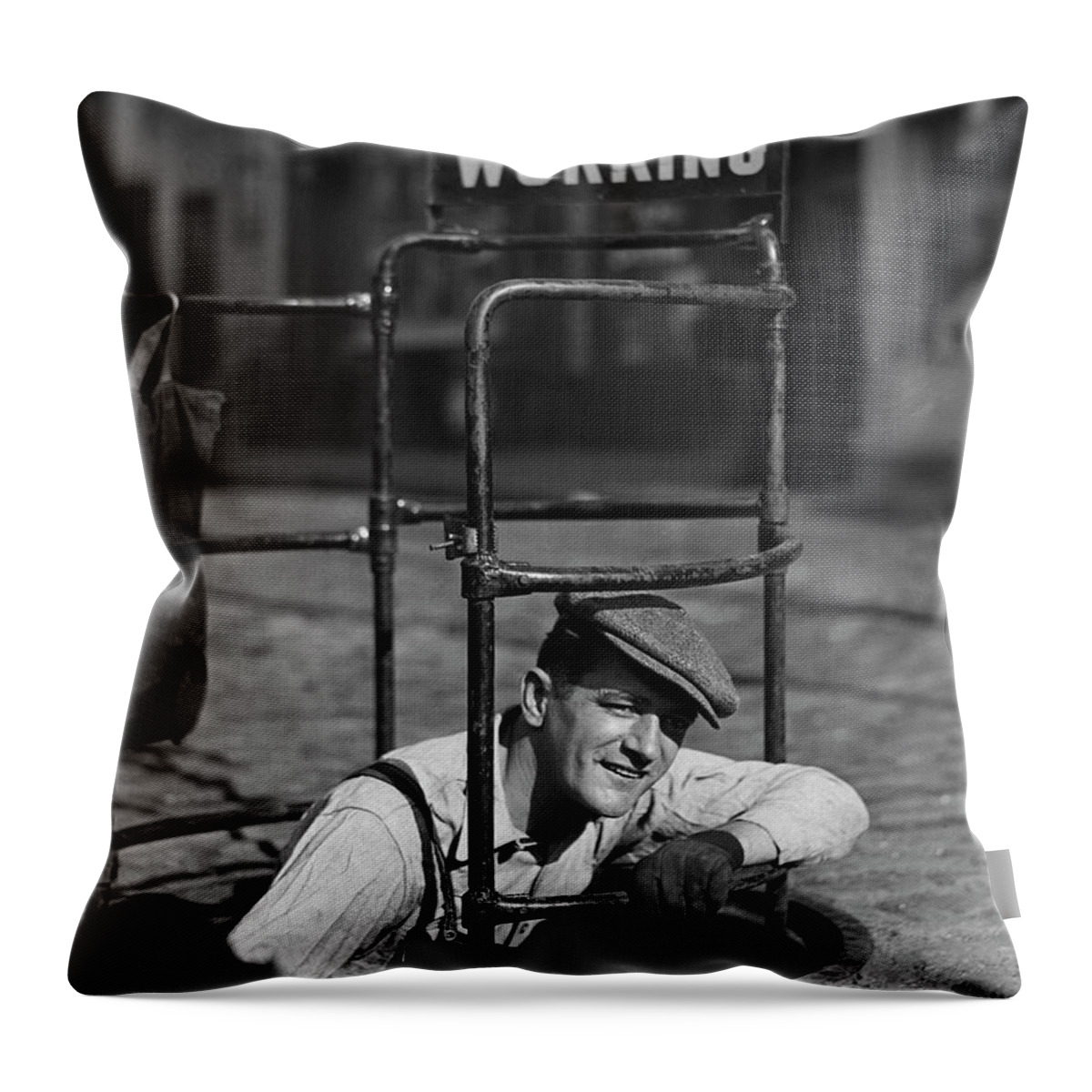 People Throw Pillow featuring the photograph Worker Climbing Into Manhole by George Marks