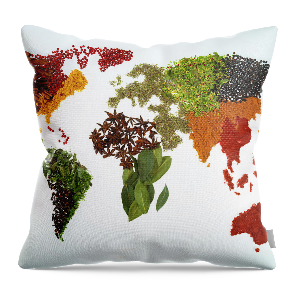 Large Group Of Objects Throw Pillow featuring the photograph World Map With Spices And Herbs by Yamada Taro