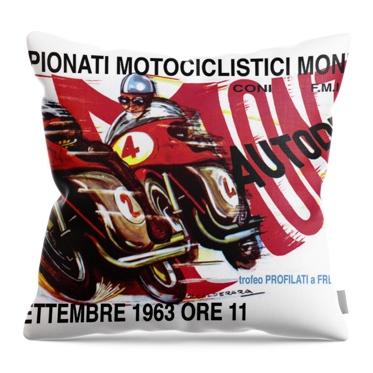 Motorcycle Throw Pillow featuring the painting World Motorcycle Championship - 1963 by P. Calderara