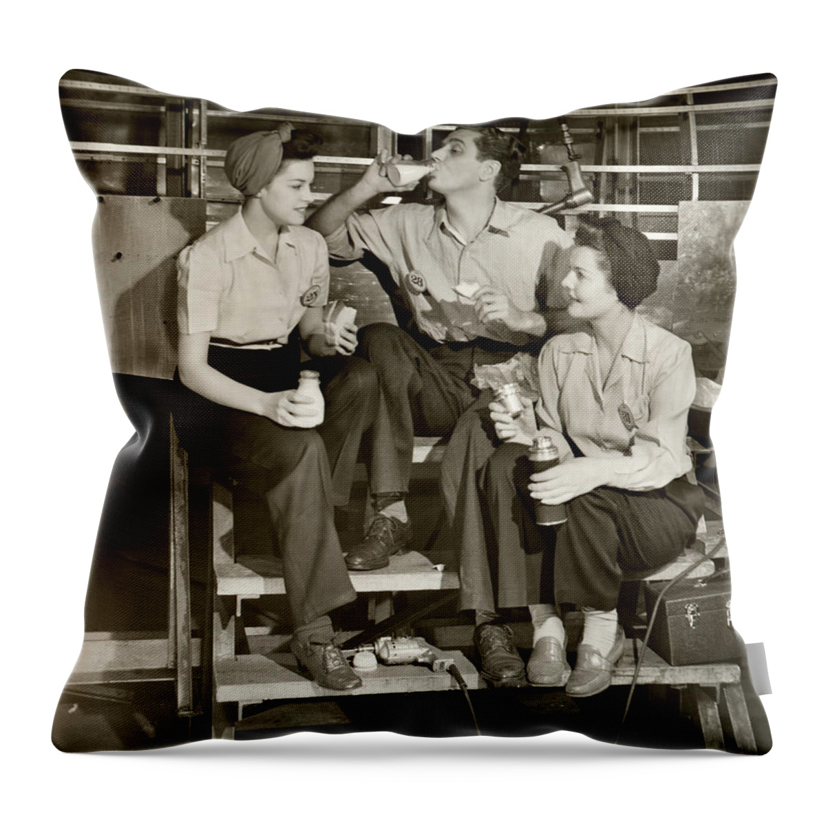 Working Throw Pillow featuring the photograph Ww II Aircraft Workers Having Lunch by George Marks