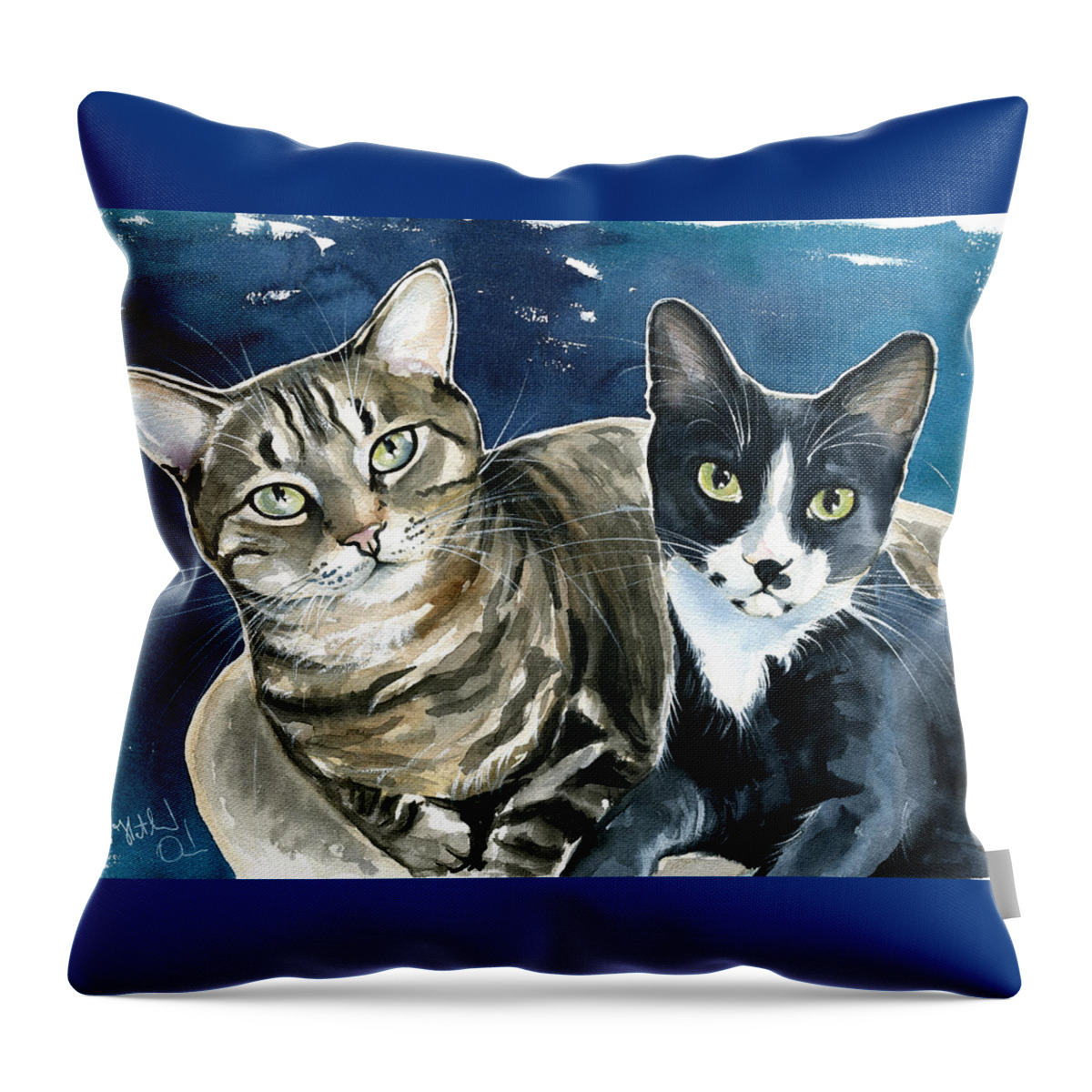 Cat Throw Pillow featuring the painting Xani and Zach Cat Painting by Dora Hathazi Mendes