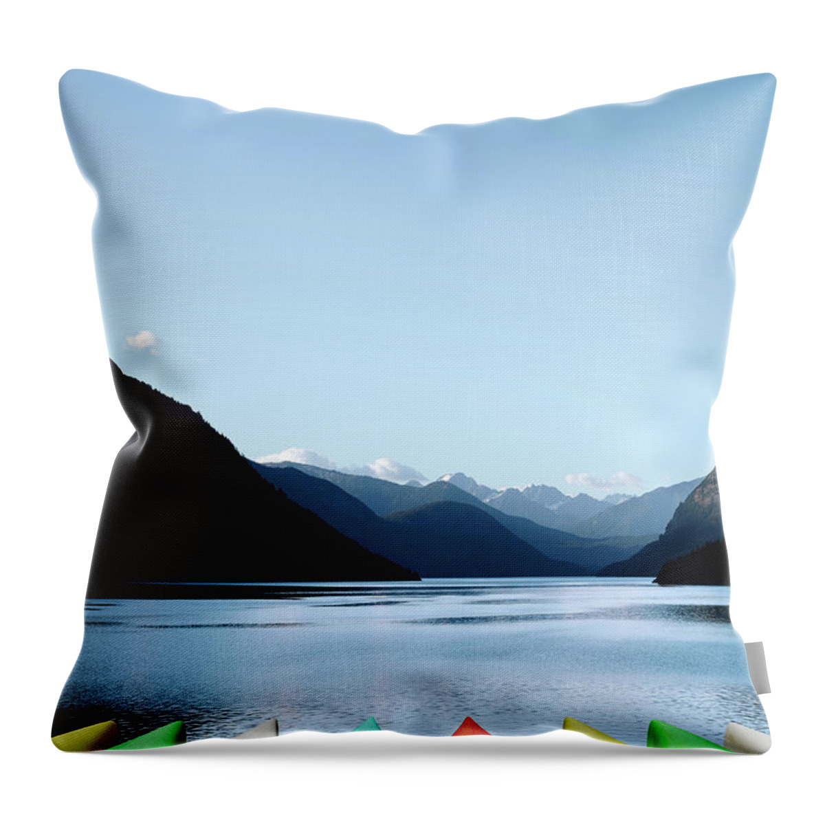 Scenics Throw Pillow featuring the photograph Xxxl Canoes And Mountain Lake by Sharply done