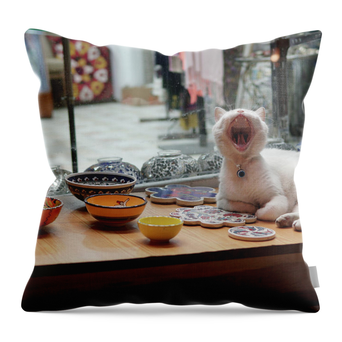 Cat Throw Pillow featuring the photograph Yawning Cat by Nick Mares