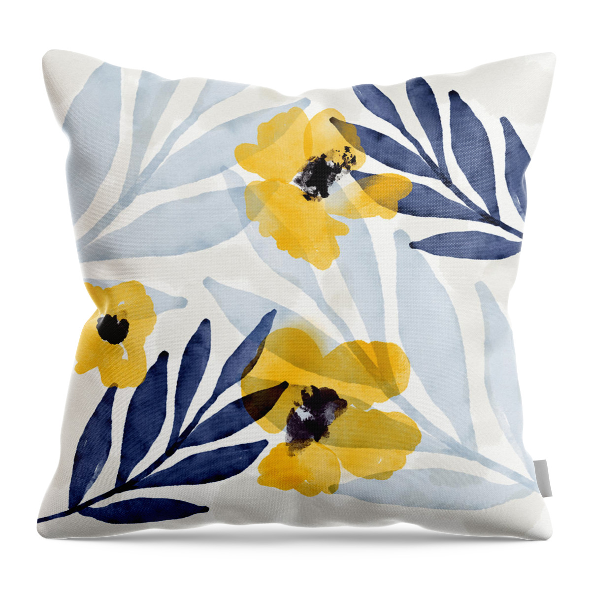 Flowers Throw Pillow featuring the mixed media Yellow and Navy 2- Floral Art by Linda Woods by Linda Woods