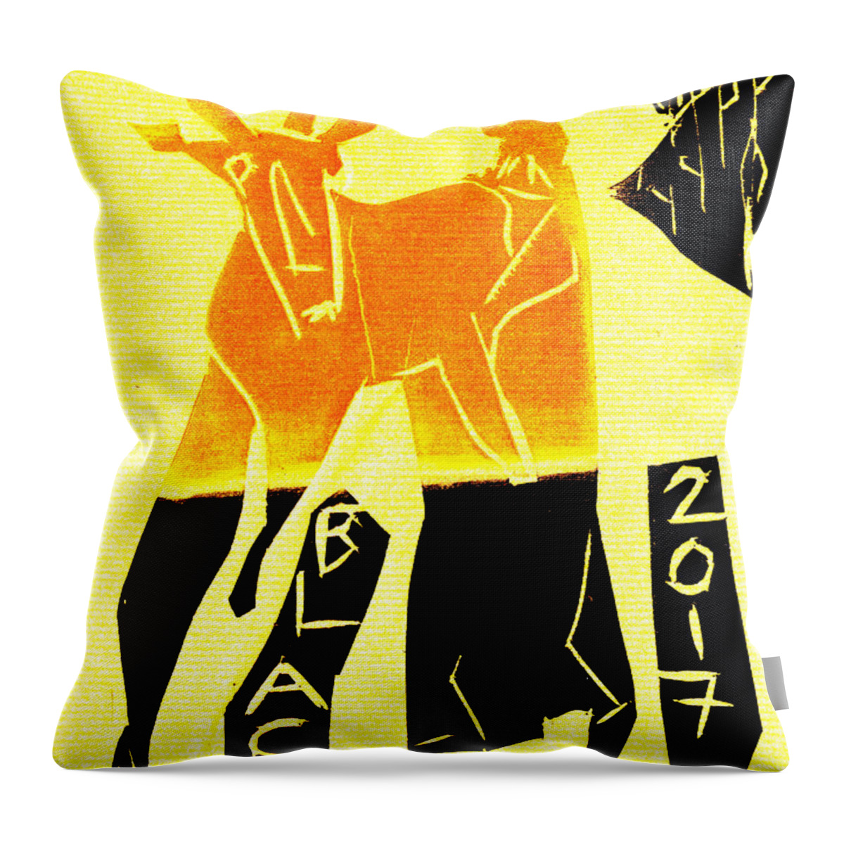 Yellow Throw Pillow featuring the digital art Yellow Antelope Black Ivory Woodcut Poster 15 by Edgeworth Johnstone