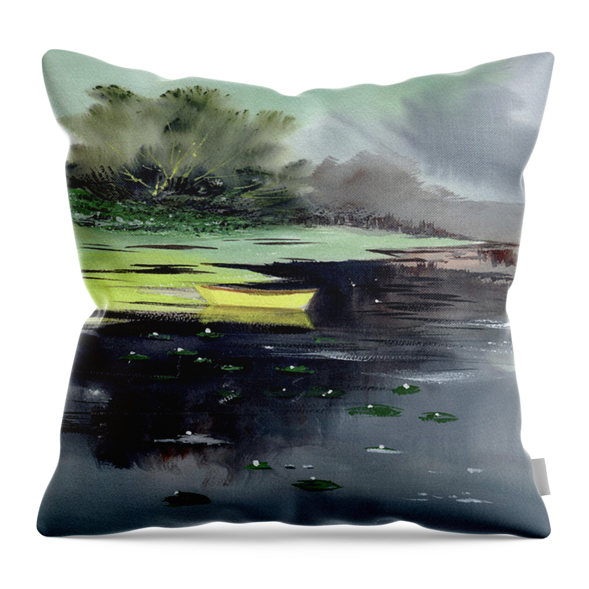 Nature Throw Pillow featuring the painting Yellow Boat by Anil Nene