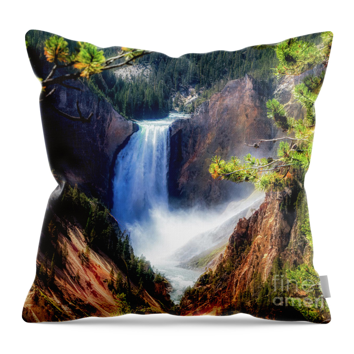 America Throw Pillow featuring the photograph Yellowstone Falls with Flares by Roslyn Wilkins