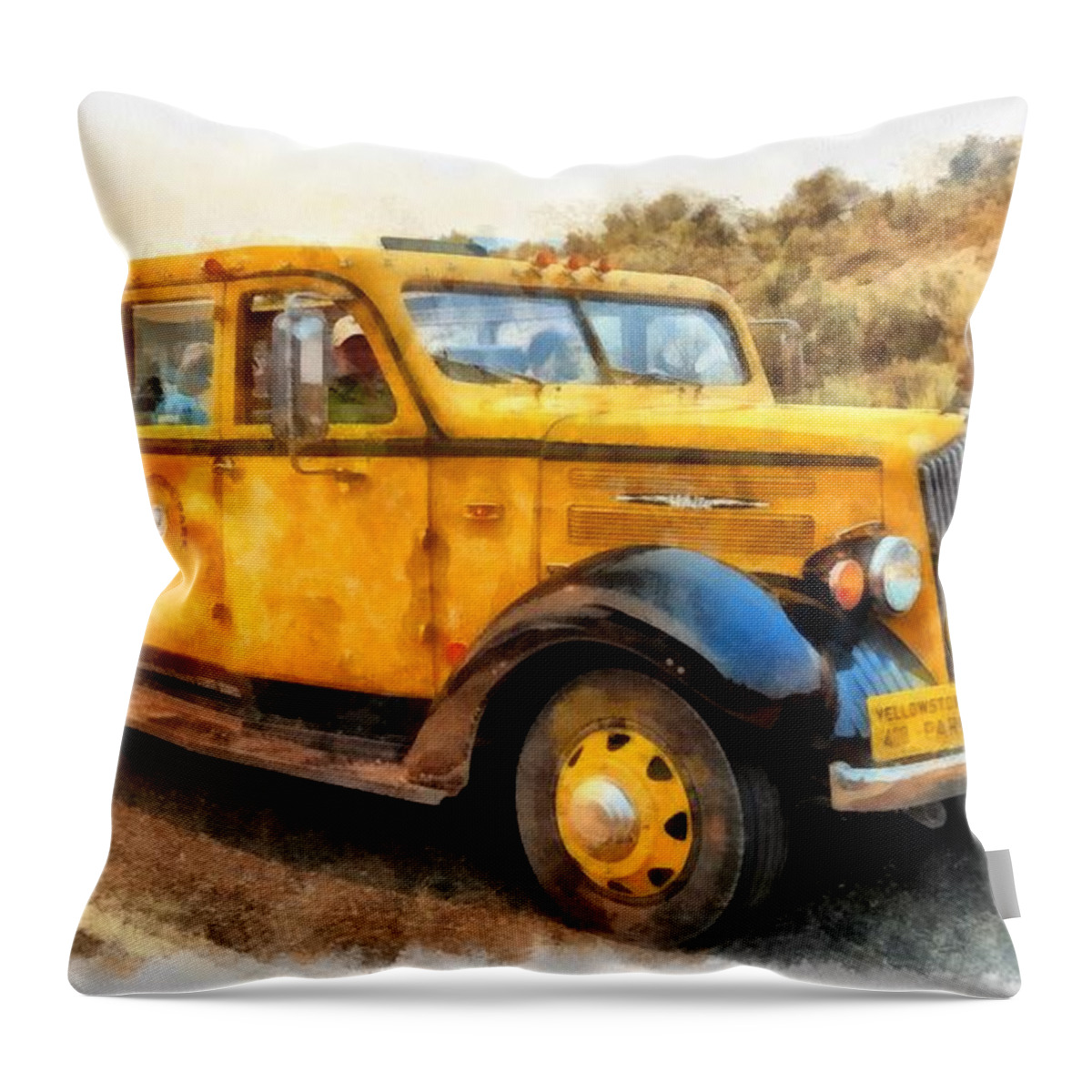 Yellowstone Throw Pillow featuring the digital art Yellowstone National Park Vintage Coach by Edward Fielding