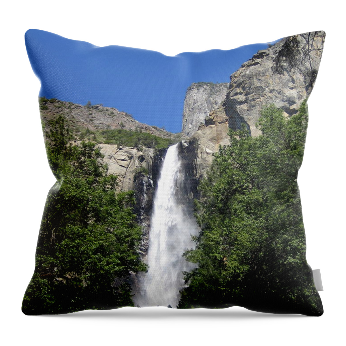 Yosemite Throw Pillow featuring the photograph Yosemite National Park Bridal Veil Falls Water Fall Blast on a Blue Sky Day by John Shiron