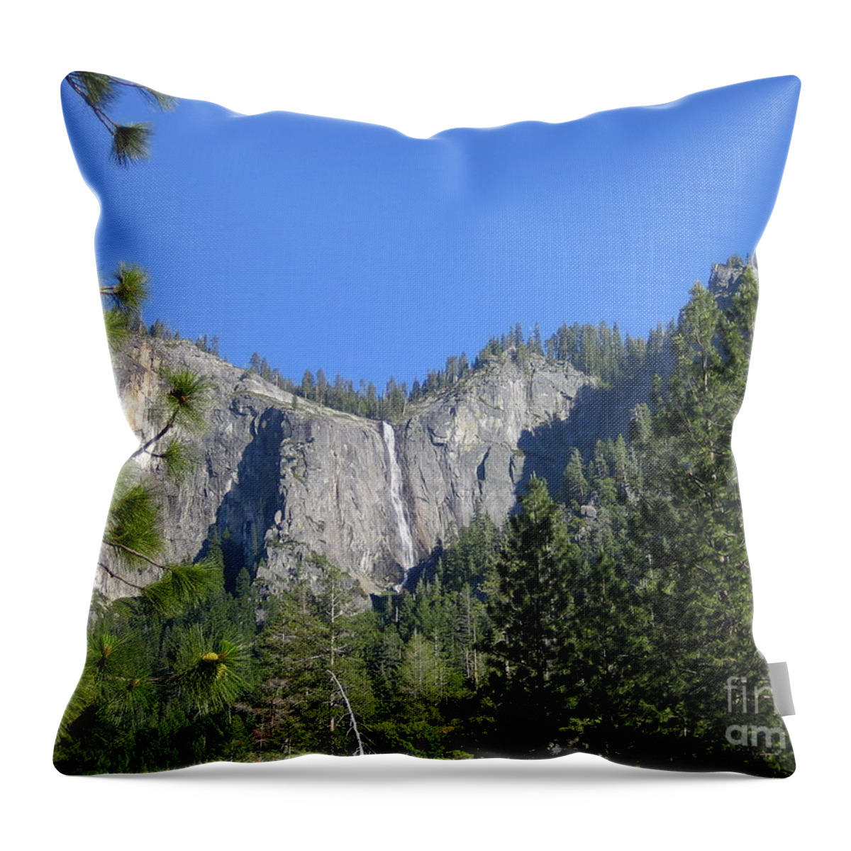 Yosemite Throw Pillow featuring the photograph Yosemite National Park Waterfall and Mountain Range with Trees in the Foreground by John Shiron