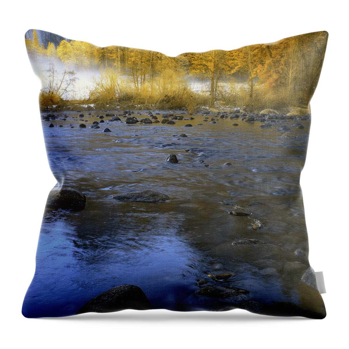 Yosemite Throw Pillow featuring the photograph Yosemite River in Yellow by Jon Glaser
