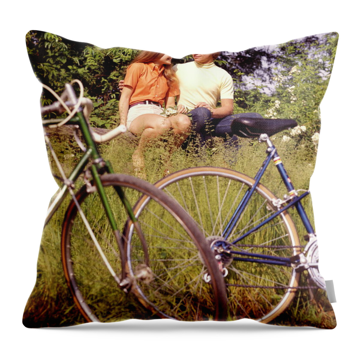 Heterosexual Couple Throw Pillow featuring the photograph Young Adults Teenagers Field Date Bikes by H. Armstrong Roberts