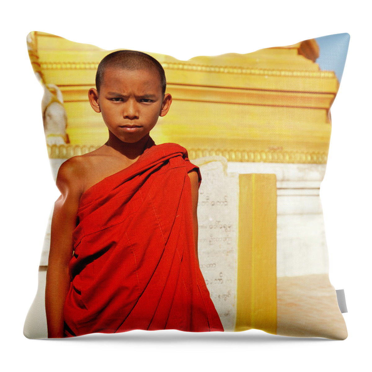 Pagoda Throw Pillow featuring the photograph Young Burmese Monk In Myanmar by Danielbendjy