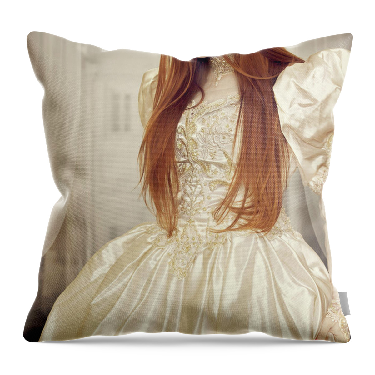 Historical Throw Pillow featuring the photograph Young Victorian Woman Standing By A Window by Ethiriel Photography