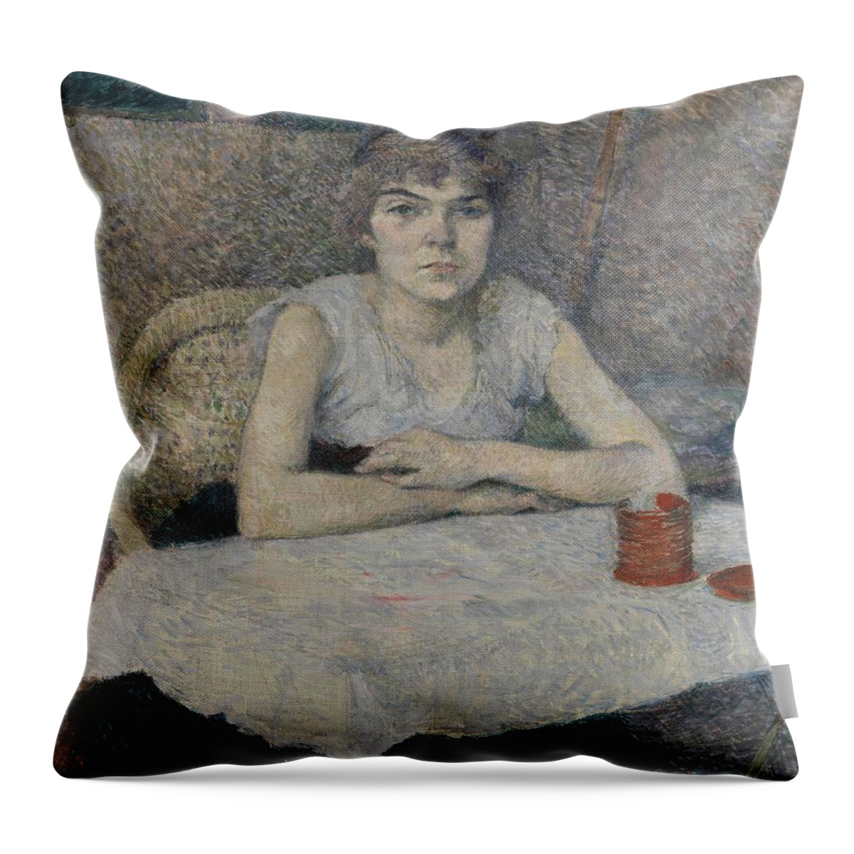 Henri Toulouse-lautrec Throw Pillow featuring the painting Young Woman at a Table, 'Poudre de riz'. by Henri Toulouse-Lautrec