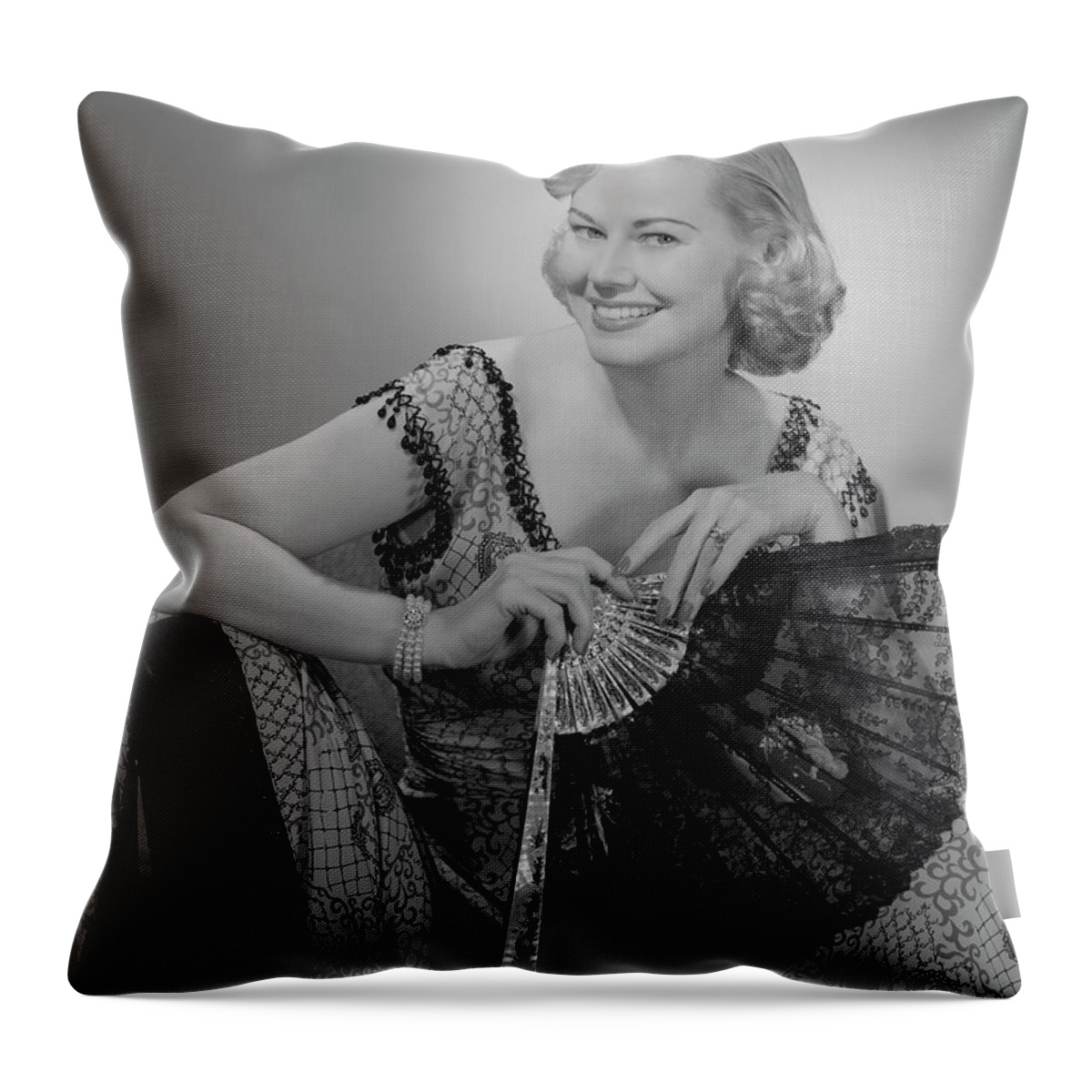 Three Quarter Length Throw Pillow featuring the photograph Young Woman Holding Fan, Portrait by George Marks