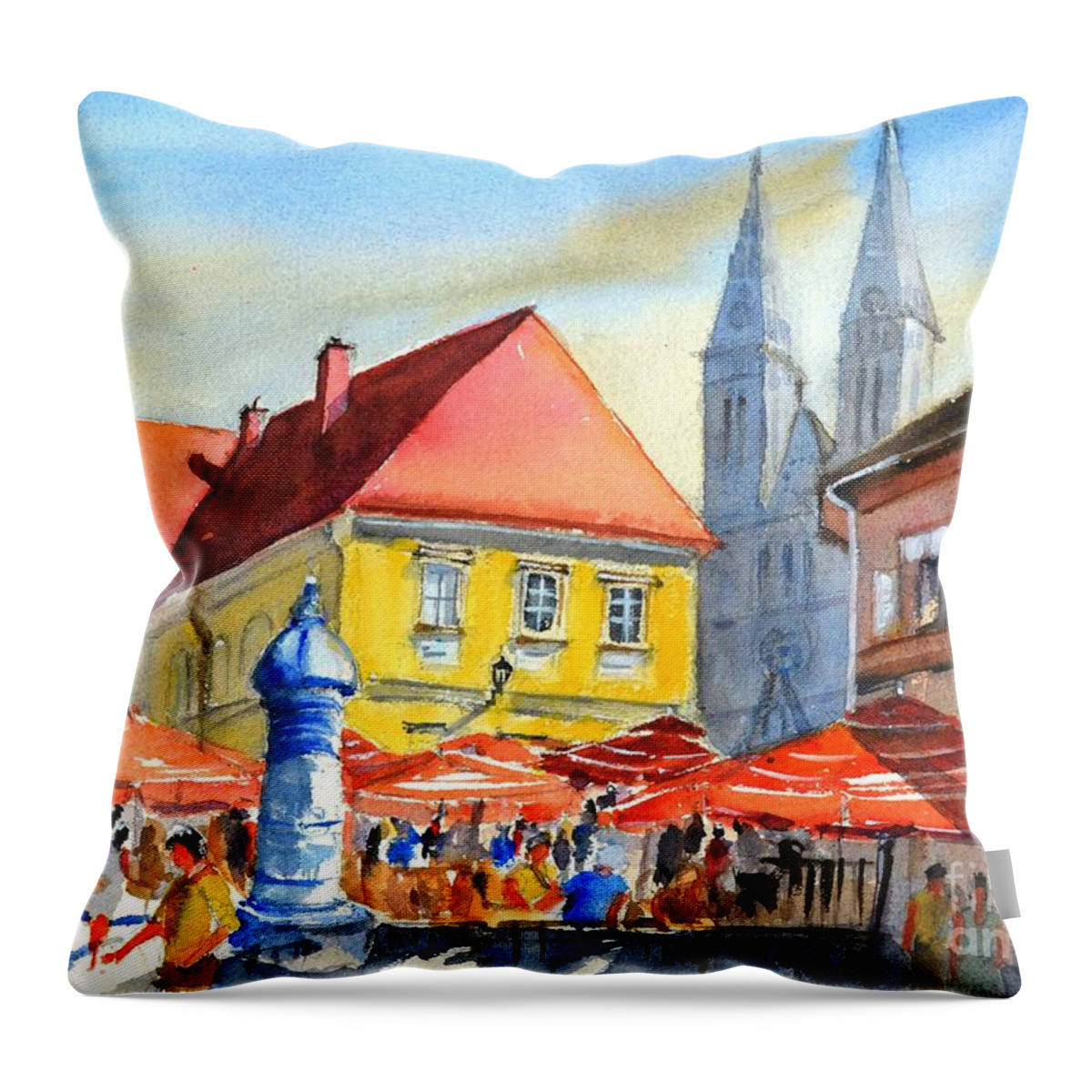 Zagreb Cathedral Throw Pillow featuring the painting Zagreb near Dolce Market by Betty M M Wong