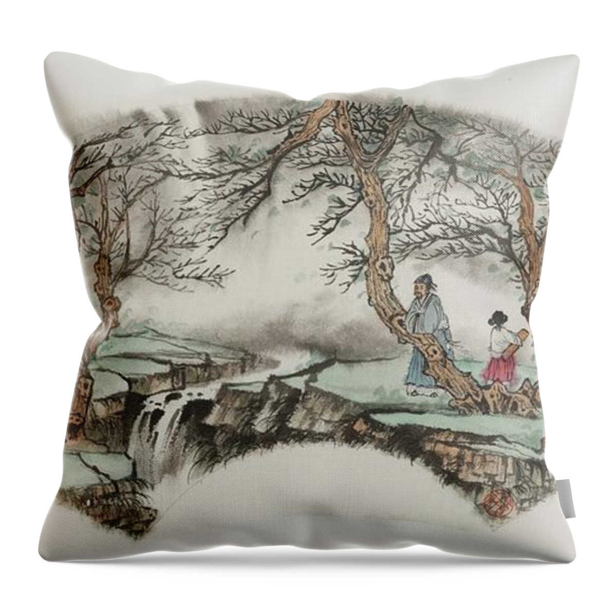 Chinese Watercolor Throw Pillow featuring the painting Zheng Player by Jenny Sanders