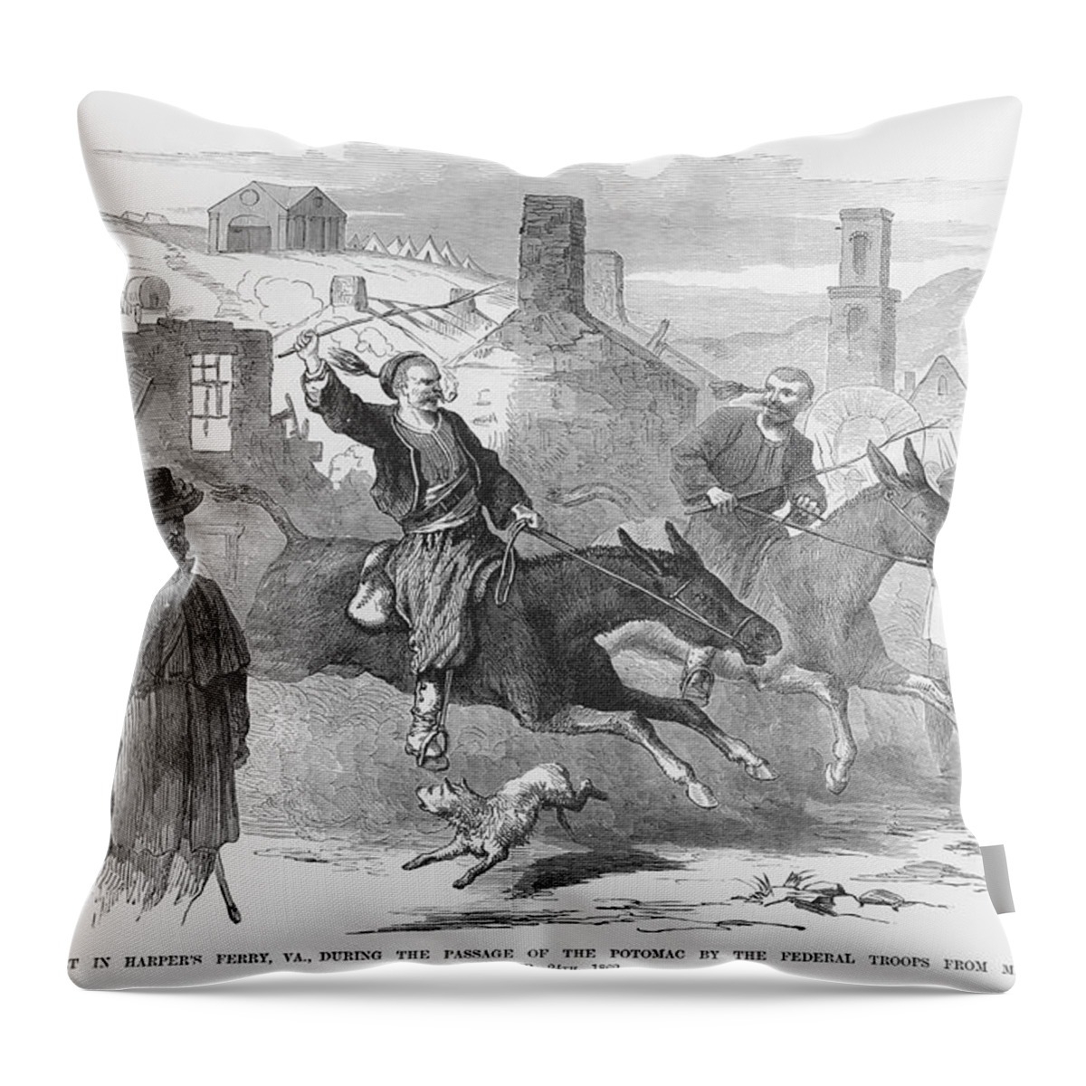Zouaves Throw Pillow featuring the painting Zouaves Ride their horses thru Harper's Ferry by Frank Leslie