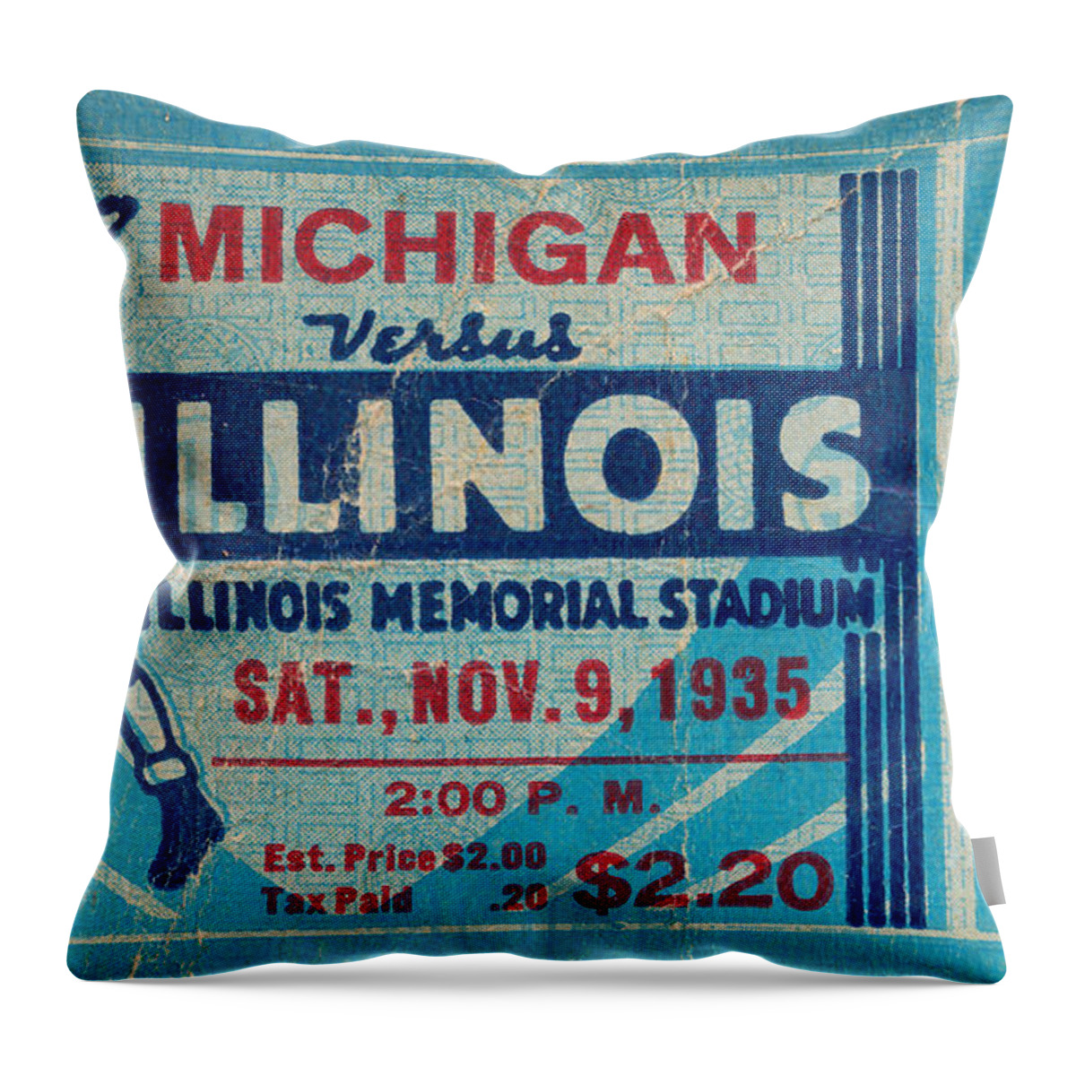 Illinois Tickets Throw Pillow featuring the mixed media 1935 Michigan vs. Illinois by Row One Brand