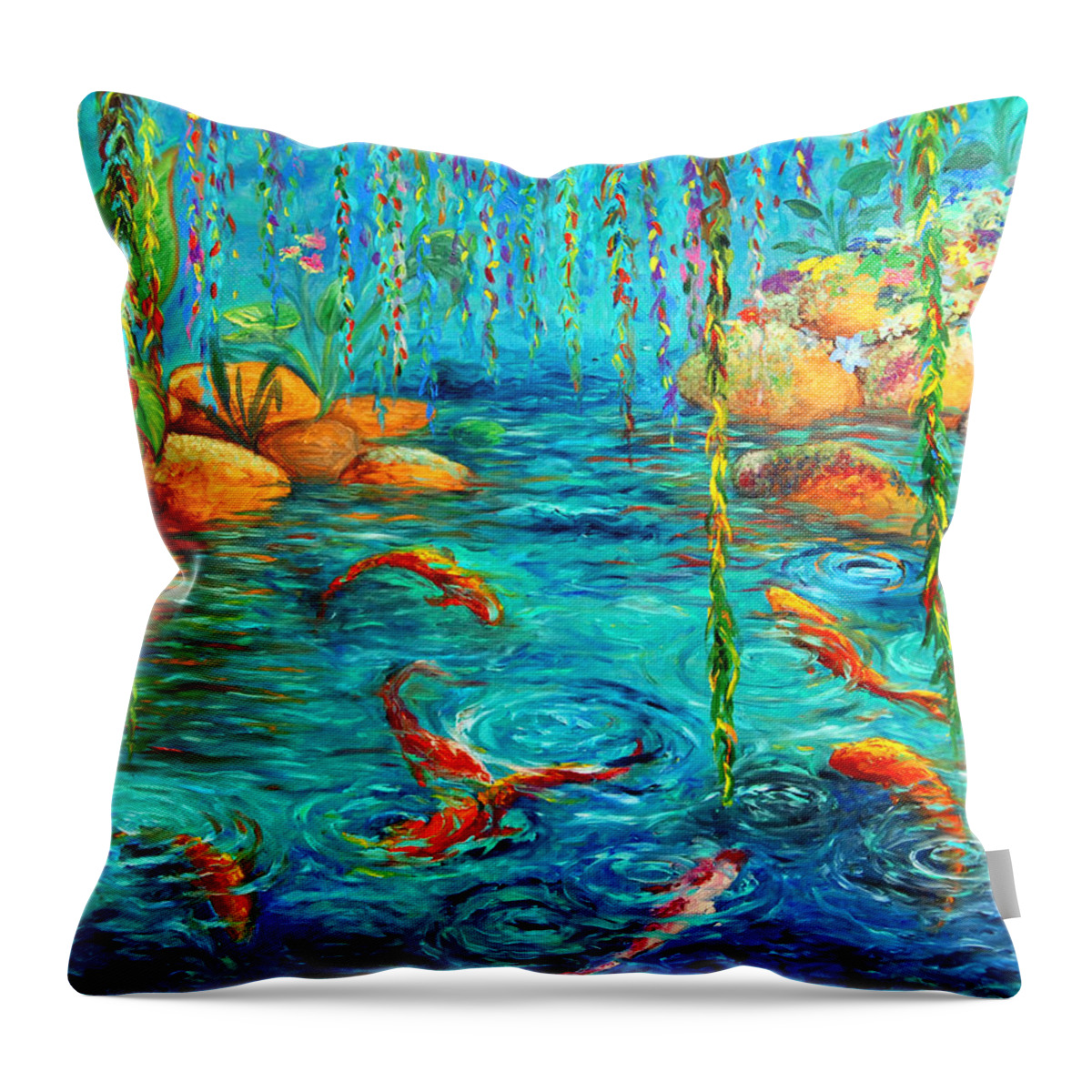 Pond Throw Pillow featuring the painting A pond in spring by Hafsa Idrees