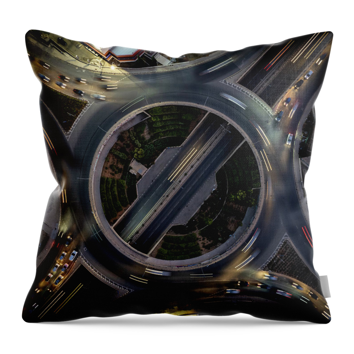 Speed Throw Pillow featuring the photograph Aerial drone top view of a modern motorway junction roundabout with cars moving. Transportation infrastructure, #1 by Michalakis Ppalis