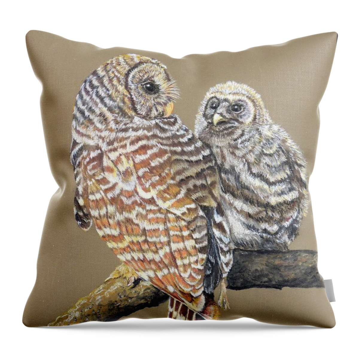 Color Pencil Drawing Throw Pillow featuring the painting Barred owl mother and child #2 by Heather King