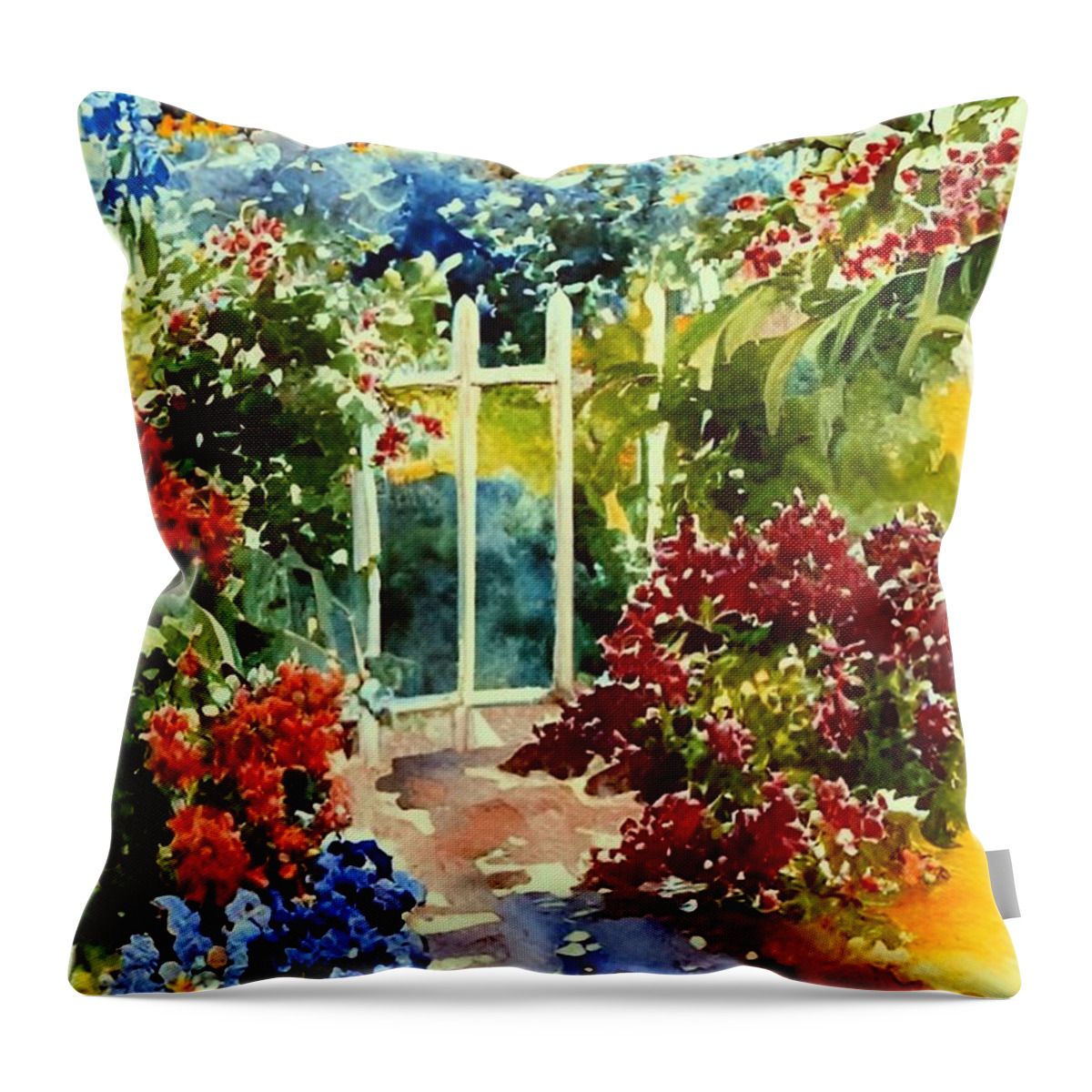 Watercolor Throw Pillow featuring the painting Behind the Garden Gate #1 by Bonnie Bruno