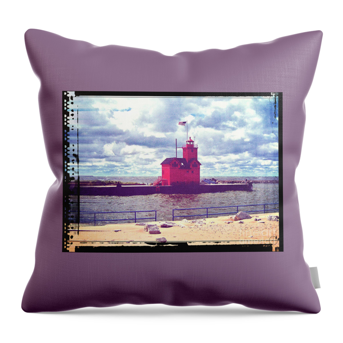 Lighthouse Throw Pillow featuring the digital art Big Red Lighthouse #1 by Phil Perkins