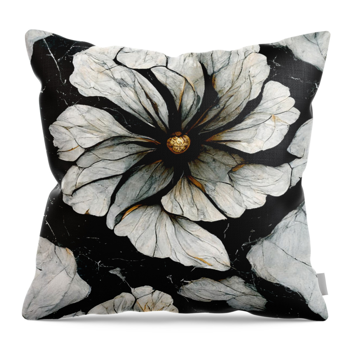 Marble Throw Pillow featuring the digital art Black Marble Flowers #4 by Andreas Thaler