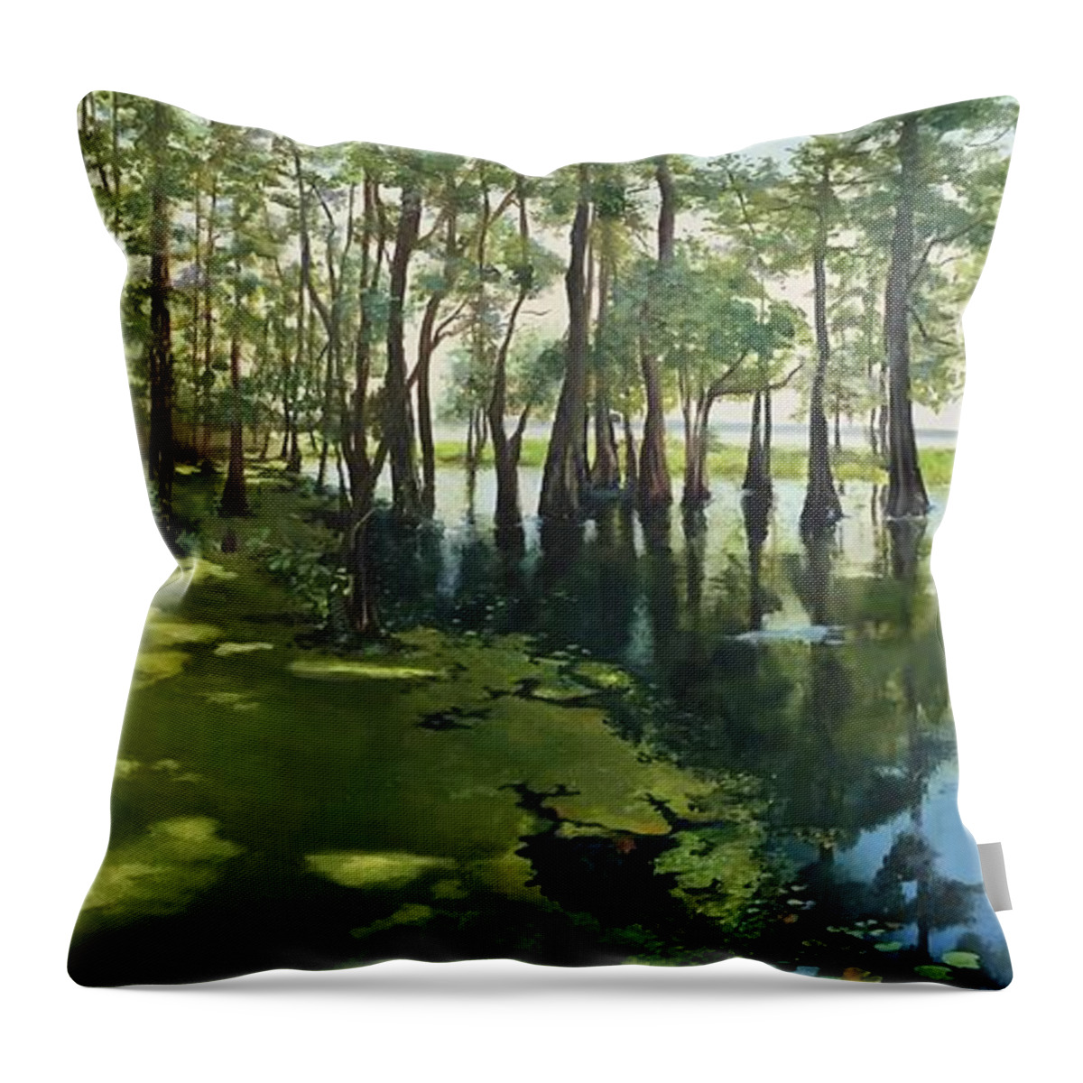 Blue Cypress Lake Throw Pillow featuring the painting Blue Cypress Lake #1 by Judy Rixom