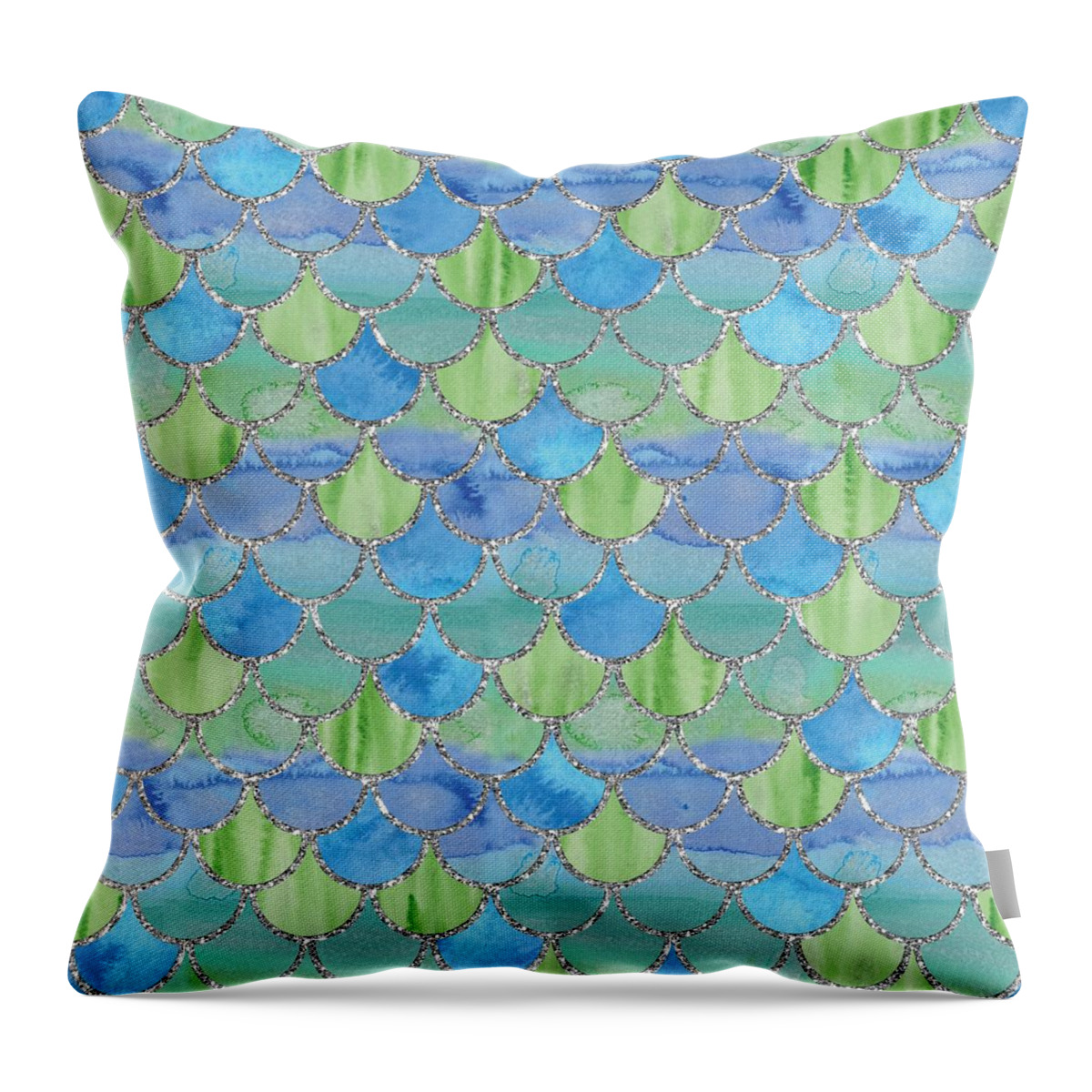 Mermaid Throw Pillow featuring the digital art Blue Green Mermaid Scales #1 by Sambel Pedes