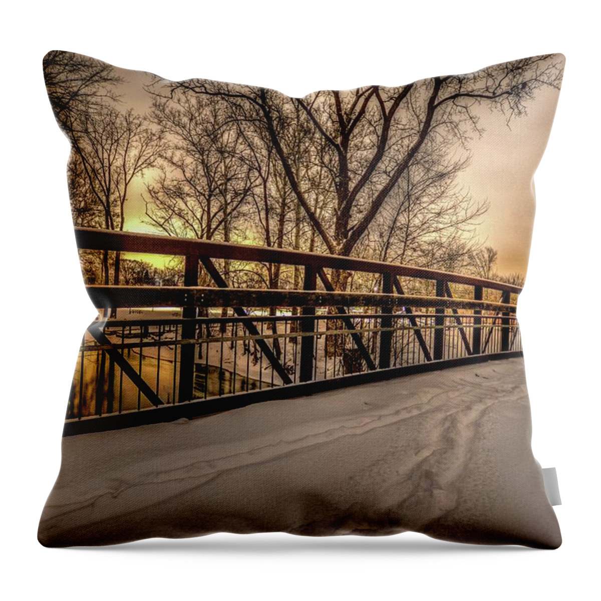 Snowy Throw Pillow featuring the photograph Bridge at Night in the Snow V2 DSC_0087 #2 by Michael Thomas