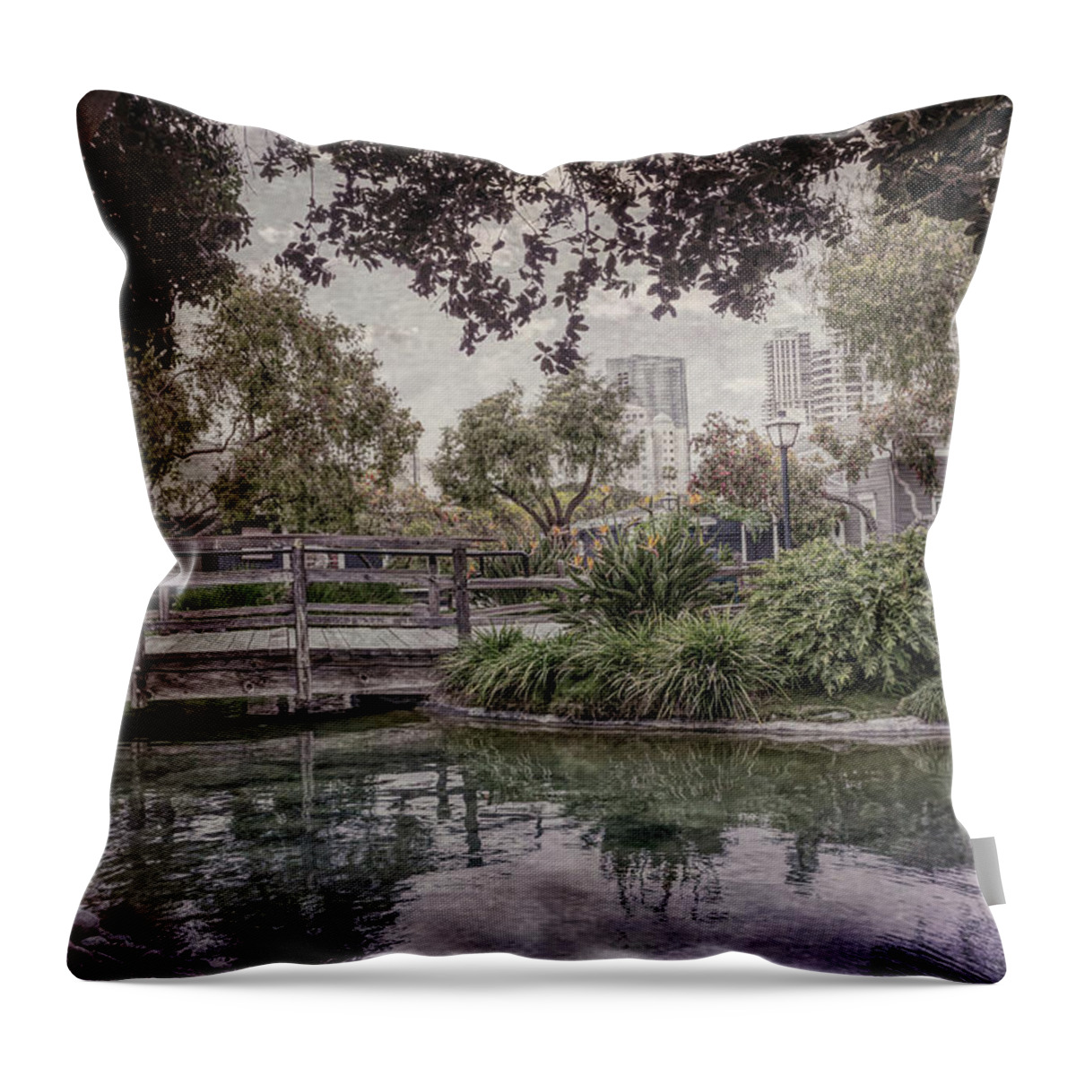 Footbridge Throw Pillow featuring the photograph Bridge Over the Pond SS #1 by Alison Frank