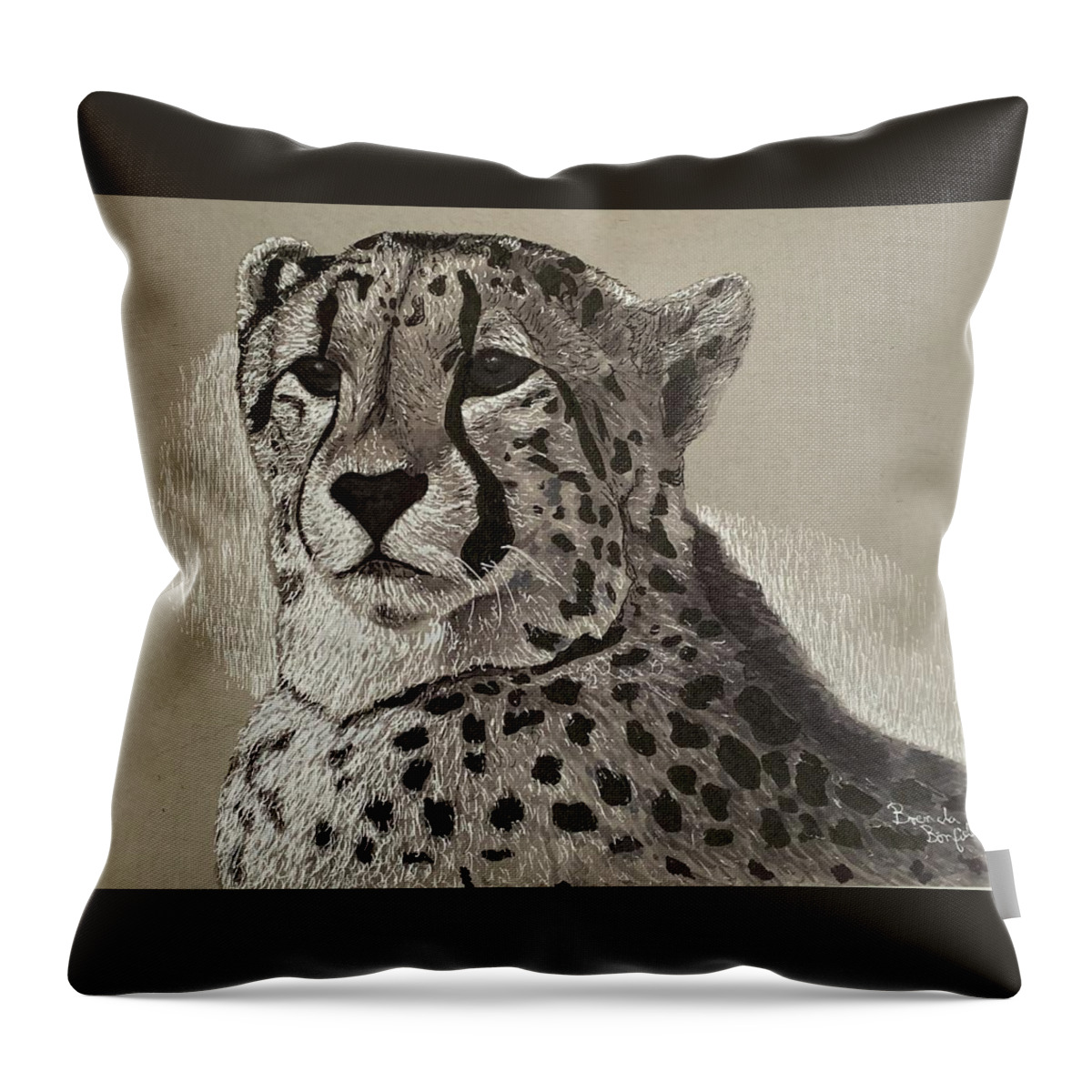 Cheetah Throw Pillow featuring the drawing Cheetah #2 by Brenda Bonfield