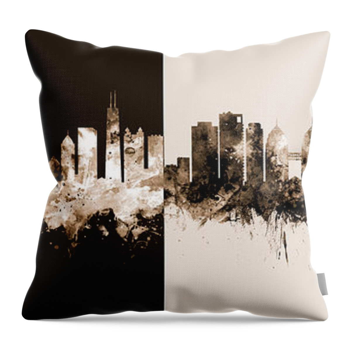 Oakland Throw Pillow featuring the digital art Chicago and Oakland Skyline Mashup #1 by Michael Tompsett