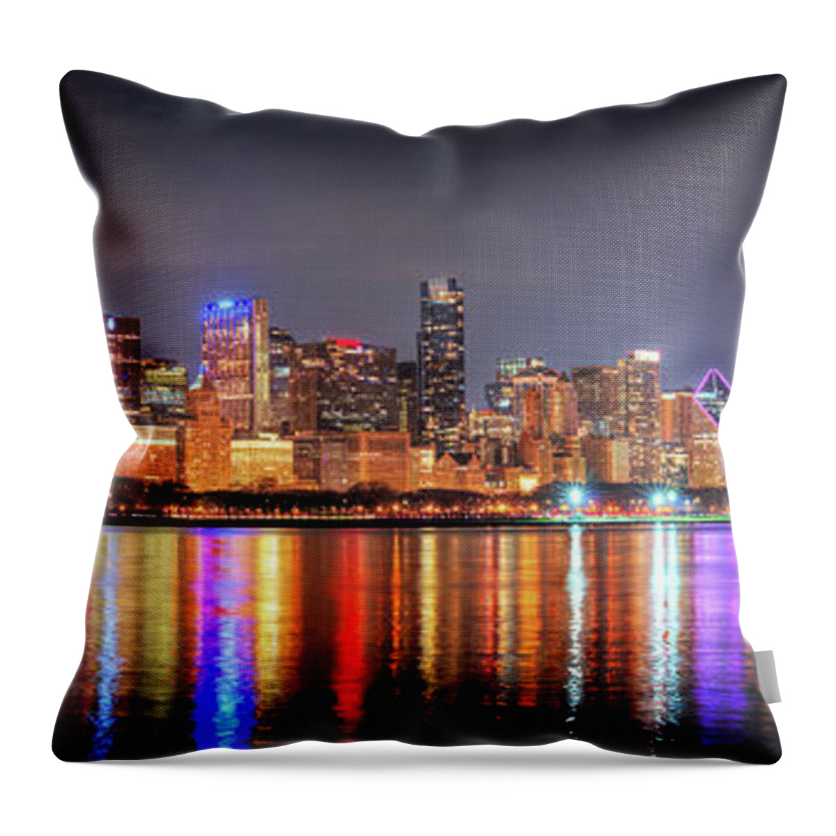 Chicago Skyline Throw Pillow featuring the photograph Chicago Skyline 2021 NIGHT Panorama by Jon Holiday