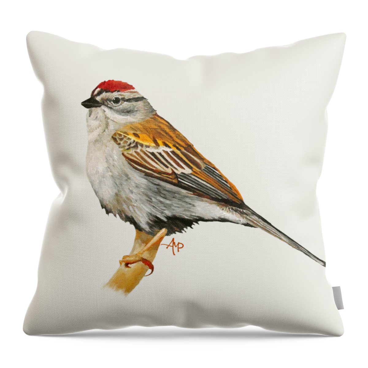 Chipping Sparrow Throw Pillow featuring the painting Chipping Sparrow #1 by Angeles M Pomata