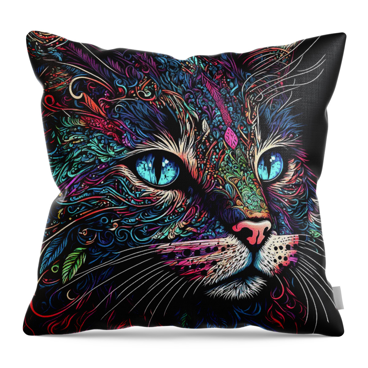 Colorful Cats Throw Pillow featuring the digital art Colorful Cat Closeup by Peggy Collins