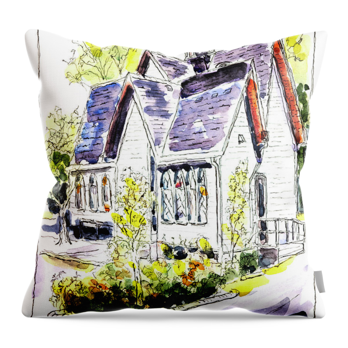 Building Throw Pillow featuring the drawing Corvallis Arts Center #1 by Mike Bergen