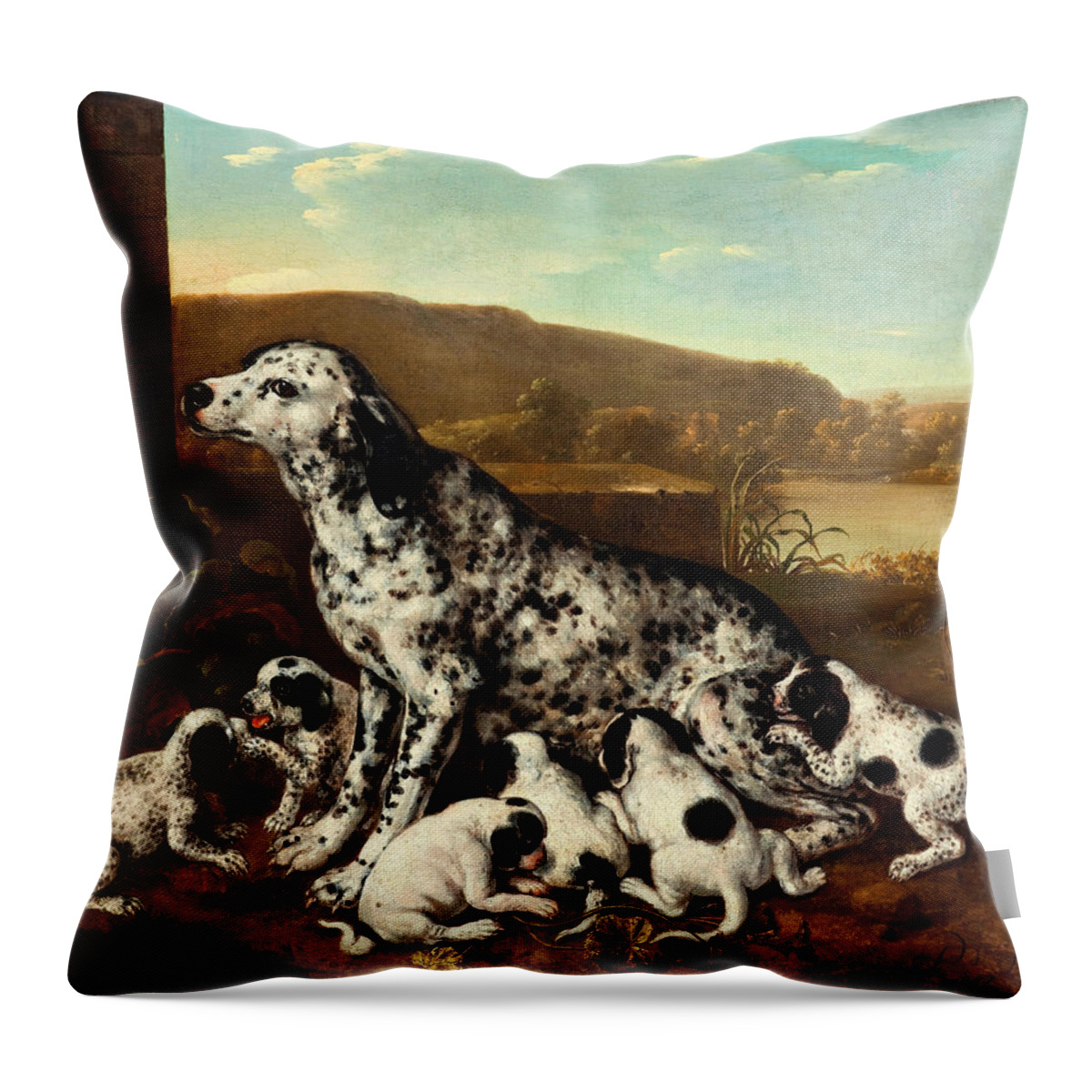 Pieter Van Der Hulst Throw Pillow featuring the painting Dalmatian dog with puppies #2 by Pieter van der Hulst